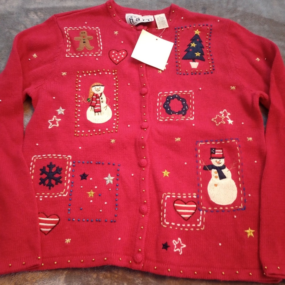 Keren Hart Christmas Winter Cardigan Sweater Womens Size Small Red Holiday